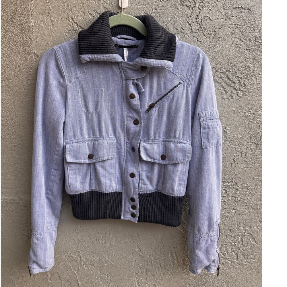 Free People Light Grey Blue Herringbone Cropped Bomber Jacket XS Moto Gorpcore